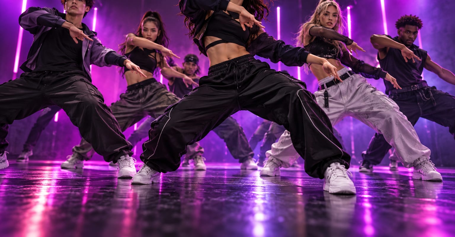 Dancers performing a synchronized viral move in a studio