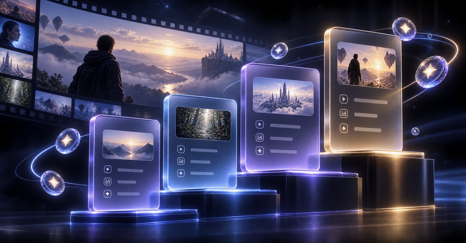 Translucent plan modules and glowing credit tokens in a cinematic studio