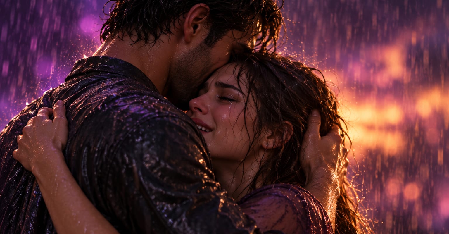 Two people embracing in warm rain at dusk in a tearful reunion