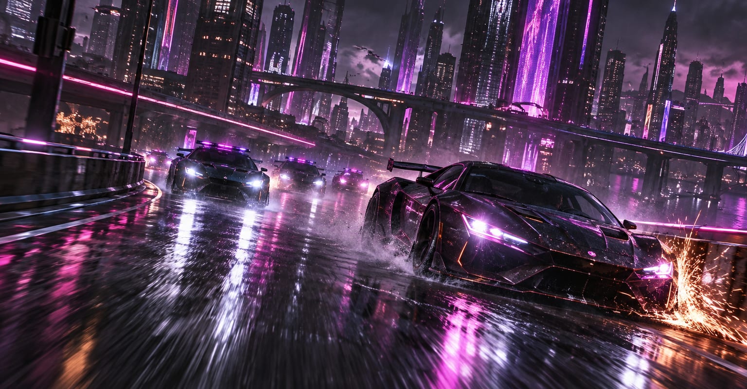 A high-speed car chase through a rain-soaked futuristic city at night