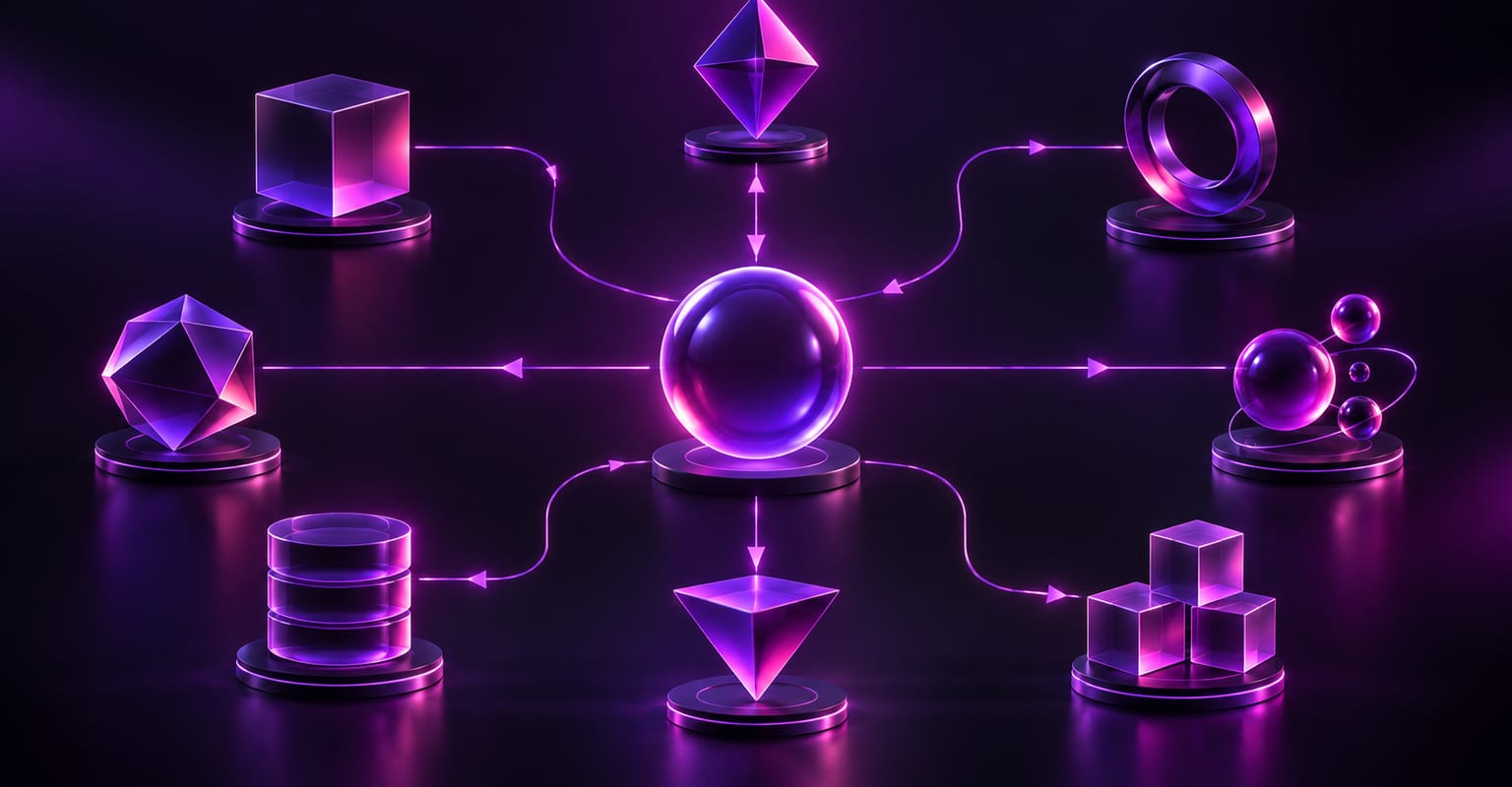 Motion-graphics shapes and arrows arranged like an explainer diagram on a dark violet background