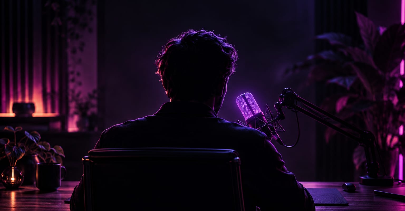 A silhouetted creator speaking into a glowing microphone, face hidden