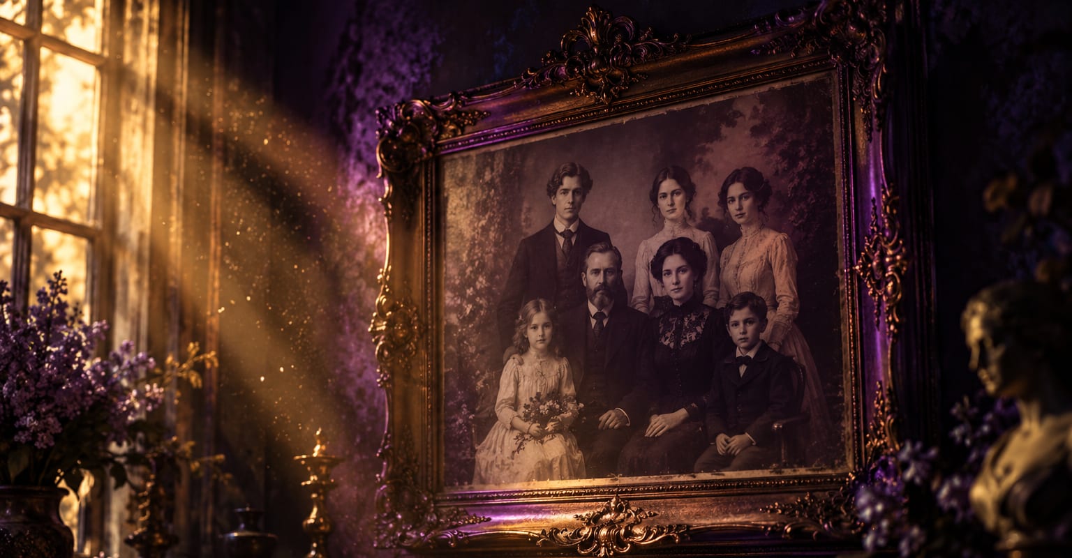 An old family group photo on a dark wall glowing with violet light, dust motes drifting