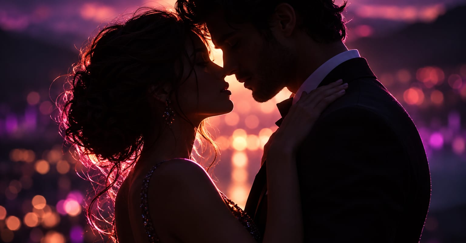 A couple in close embrace silhouetted at dusk