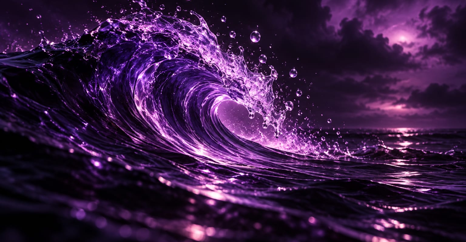 A surreal violet-gradient sky with a floating orb over calm water at dusk