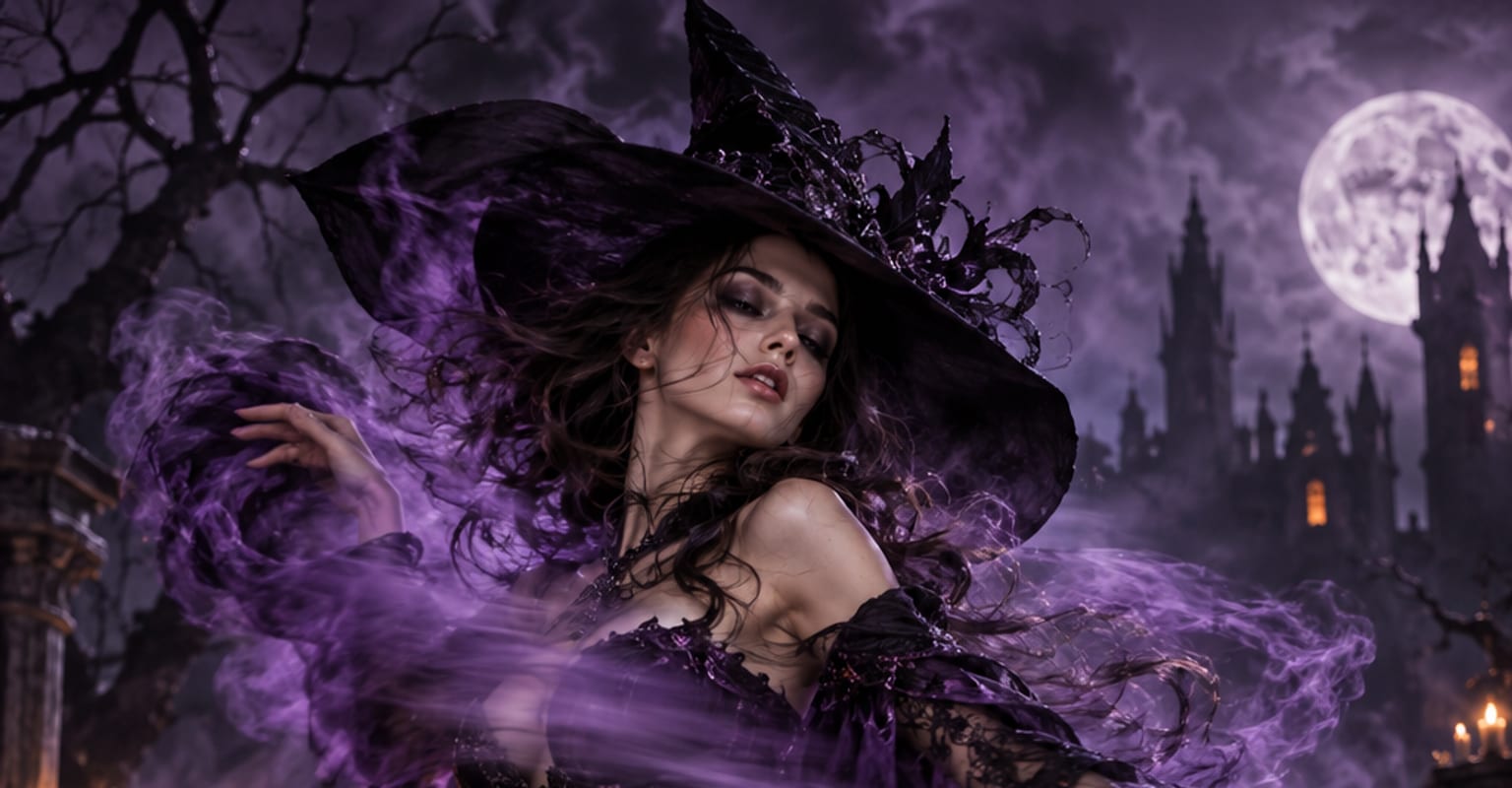 A woman mid-transformation into a witch costume inside a swirl of violet smoke
