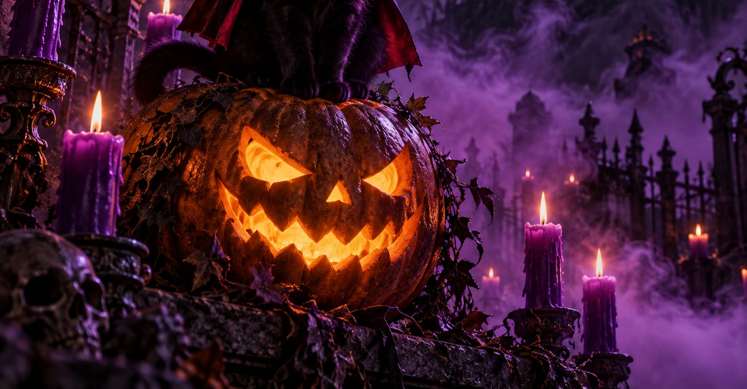 A black cat in a tiny vampire cape perched on a carved pumpkin in purple candlelight