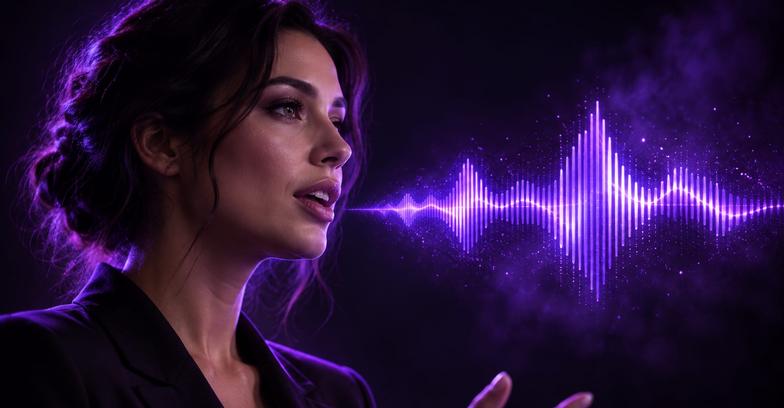 A portrait in a dark studio lit by violet rim light speaking toward a floating waveform
