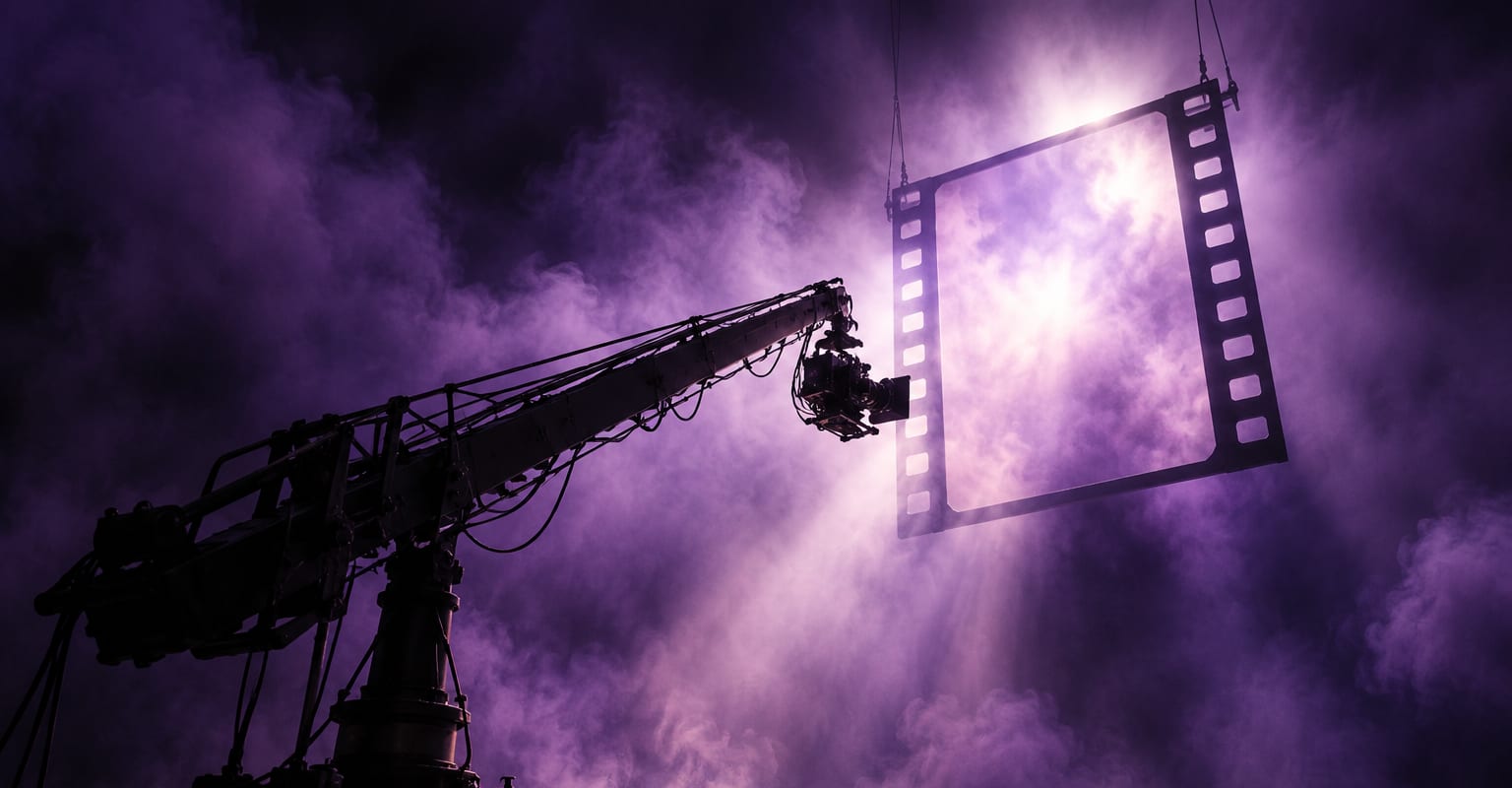 A camera crane arm rising through violet studio haze toward a glowing suspended frame