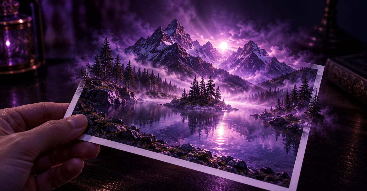 A blank portrait print with a figure rising into a glowing three-dimensional violet scene