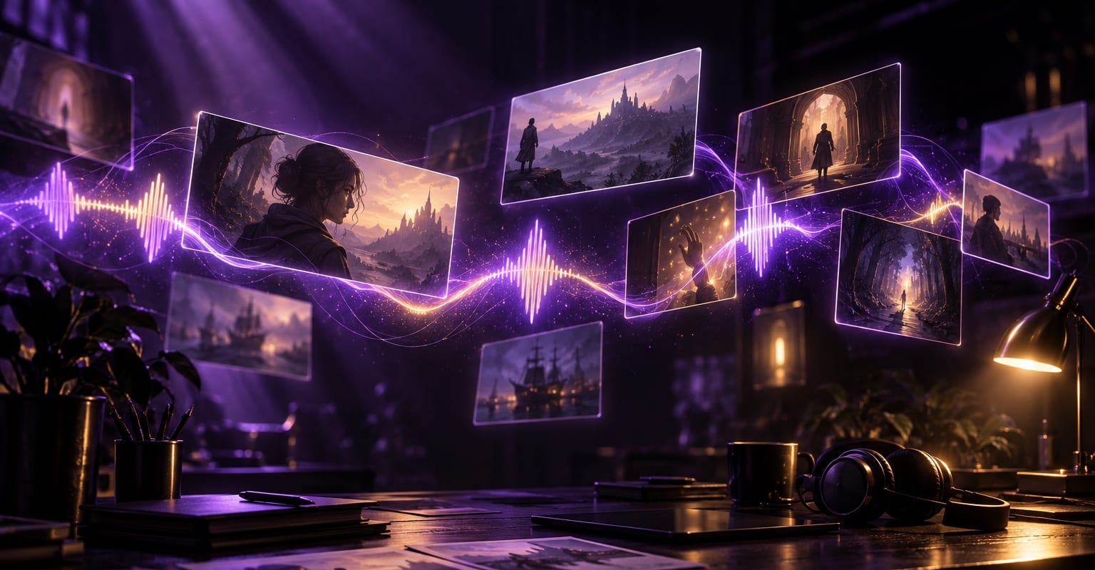 A glowing audio waveform flowing between floating storyboard cards in a dark violet studio
