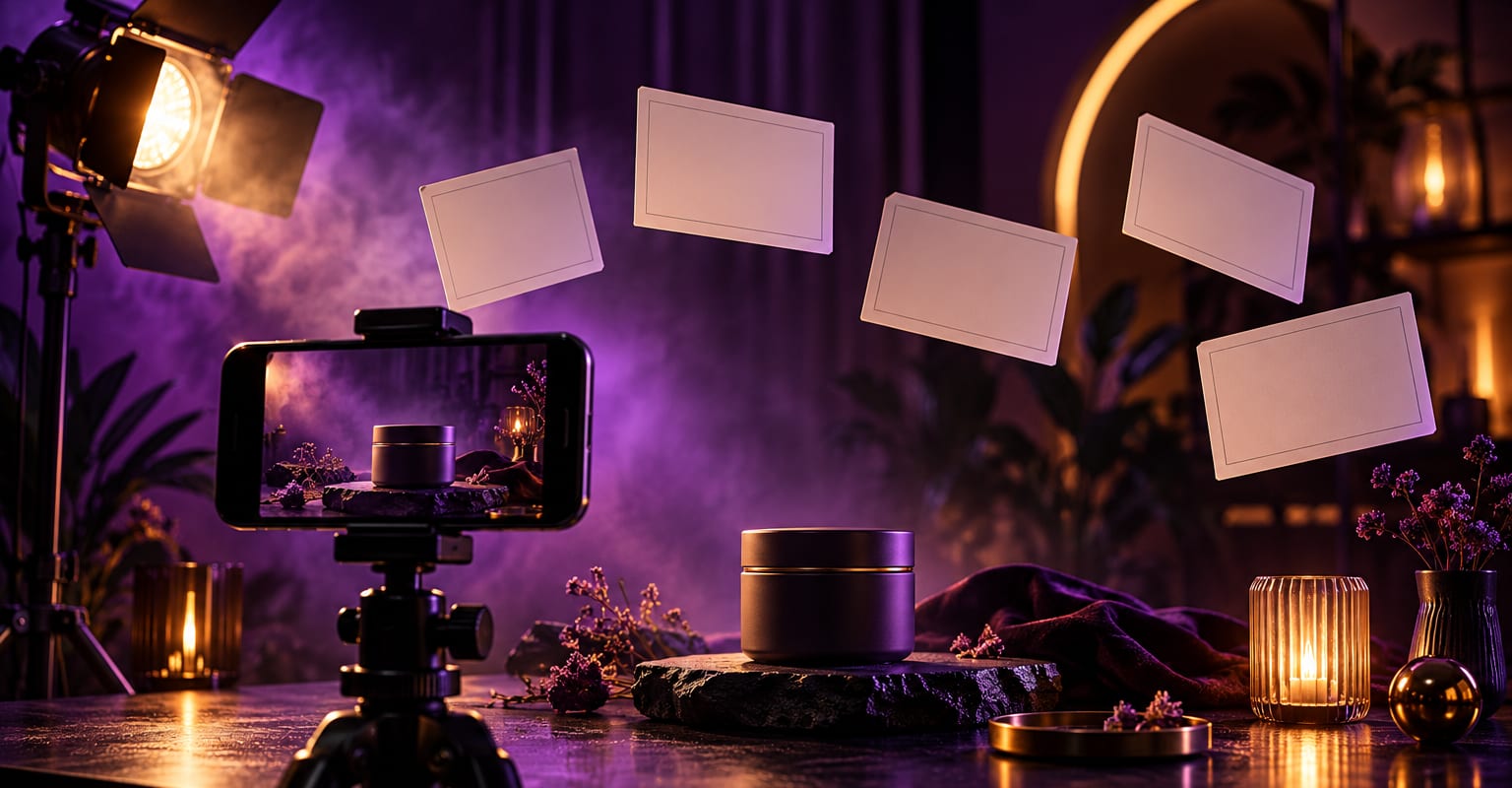 A smartphone on a tripod filming a product in a violet studio with warm practical light