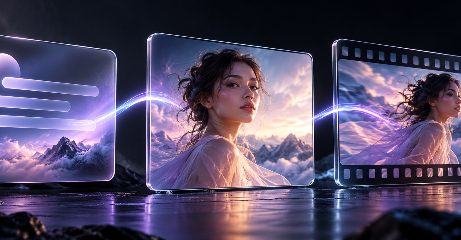 Three connected glass panels showing a prompt becoming a still and then a video
