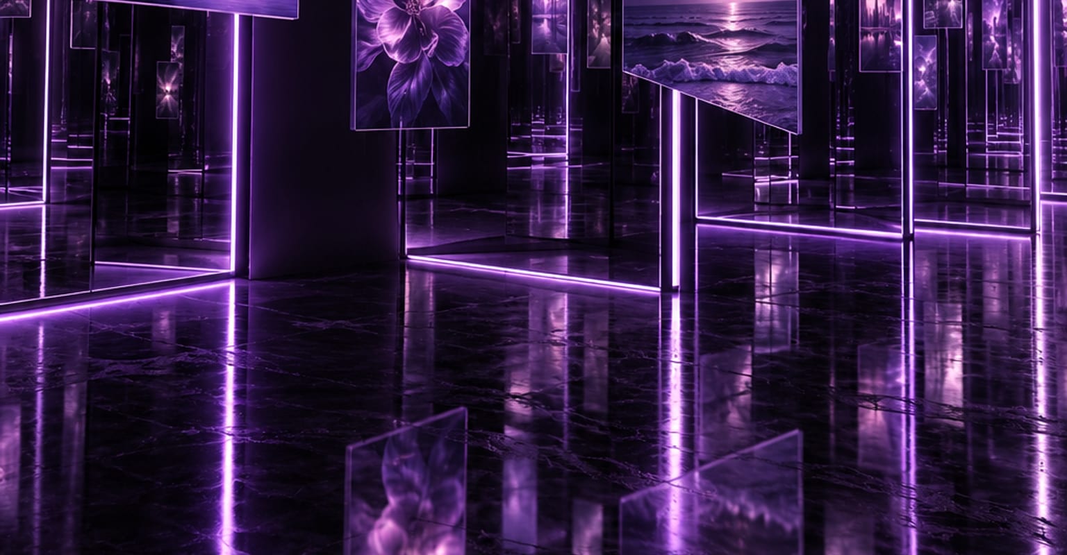 Vertical mirrors of violet neon glow with floating media cards in a dark studio room