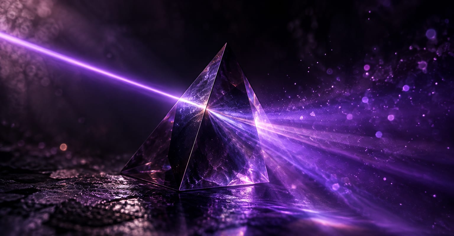 A dreamlike violet coastline with drifting clouds and long soft light beams