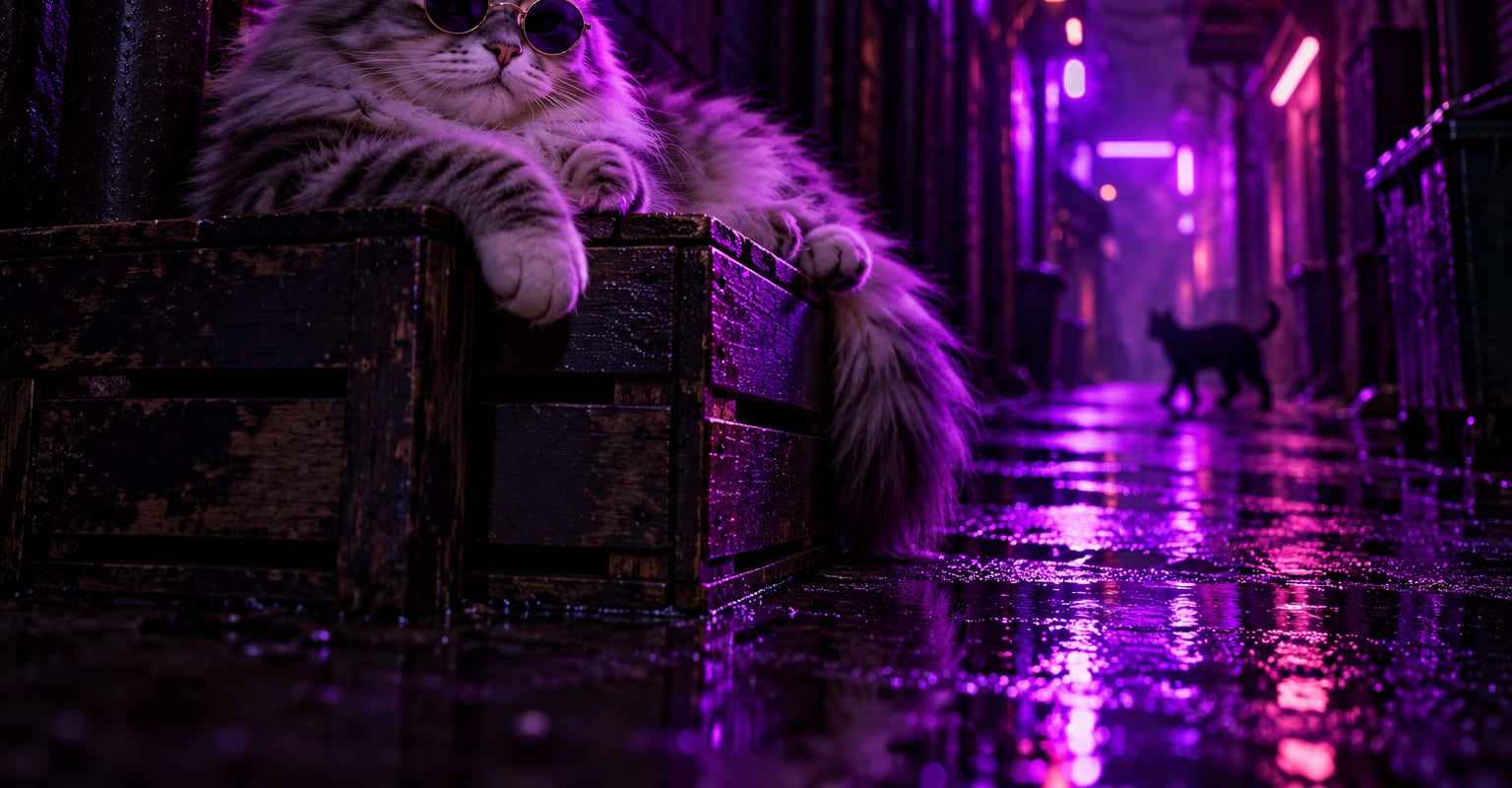 A cat in sunglasses lounging on a neon-lit street corner in purple glow