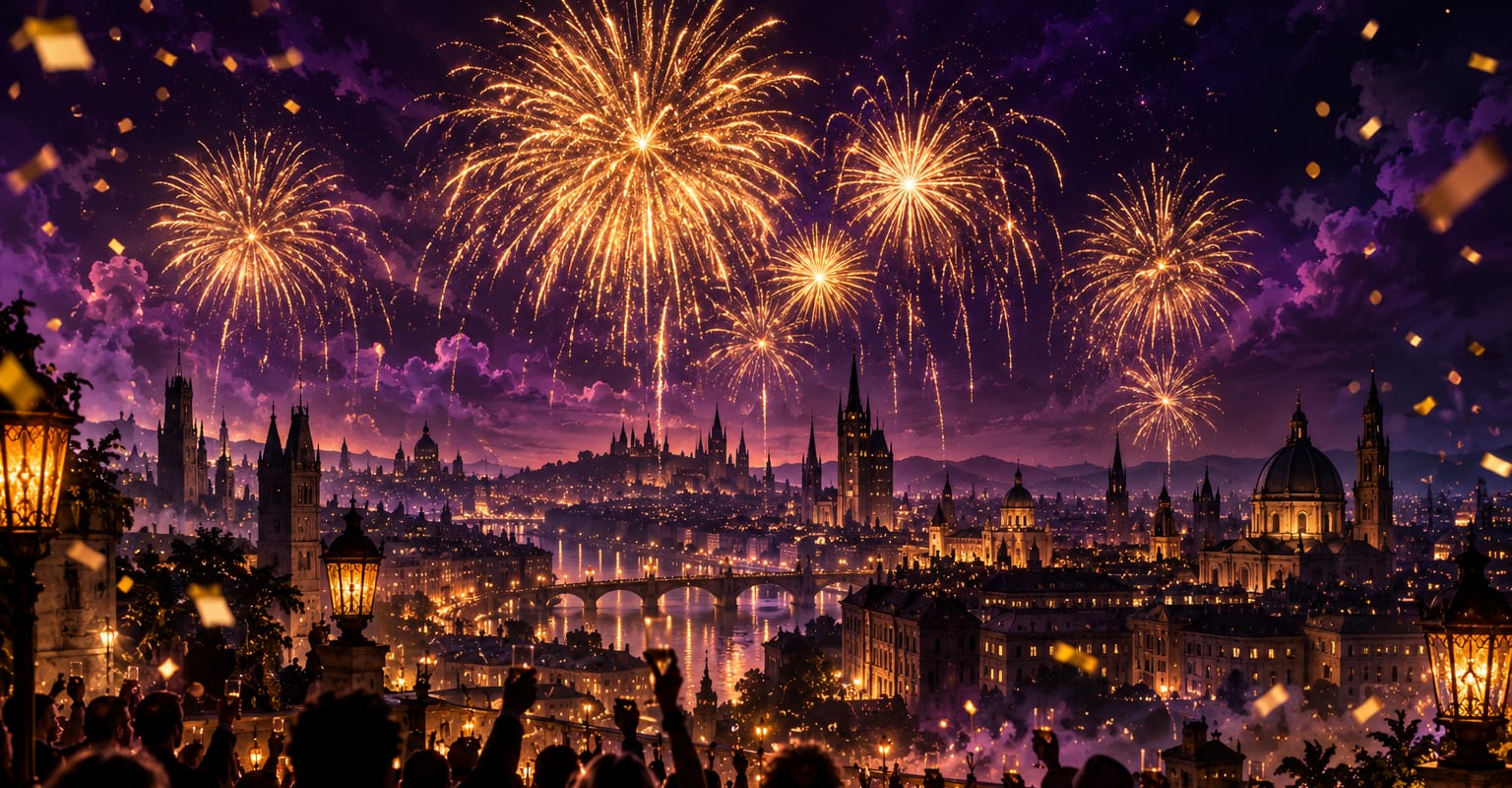Fireworks over a city skyline at midnight with golden light on the celebrating crowd