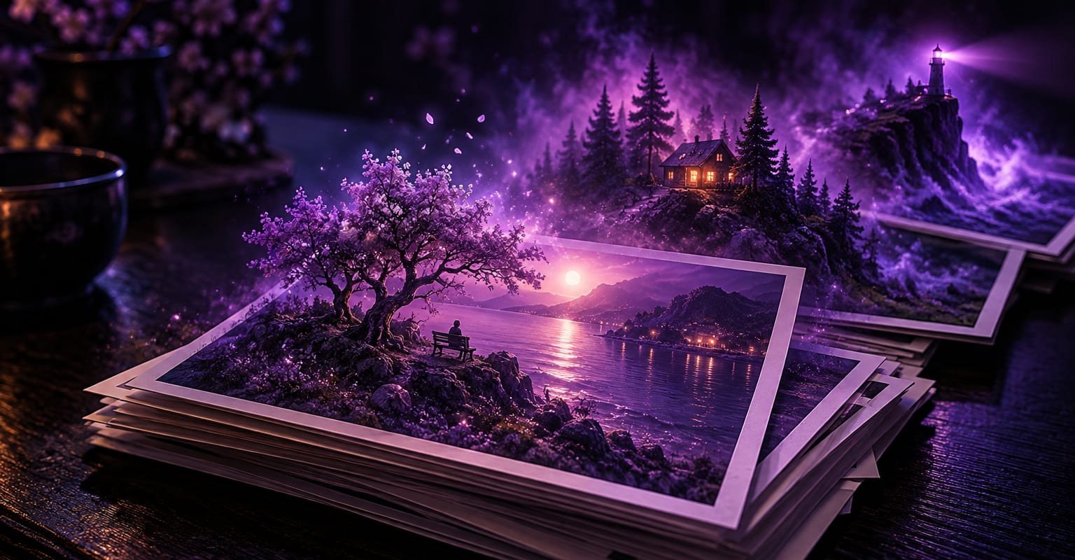 Printed photos on a dark table with glowing three-dimensional memories rising from them