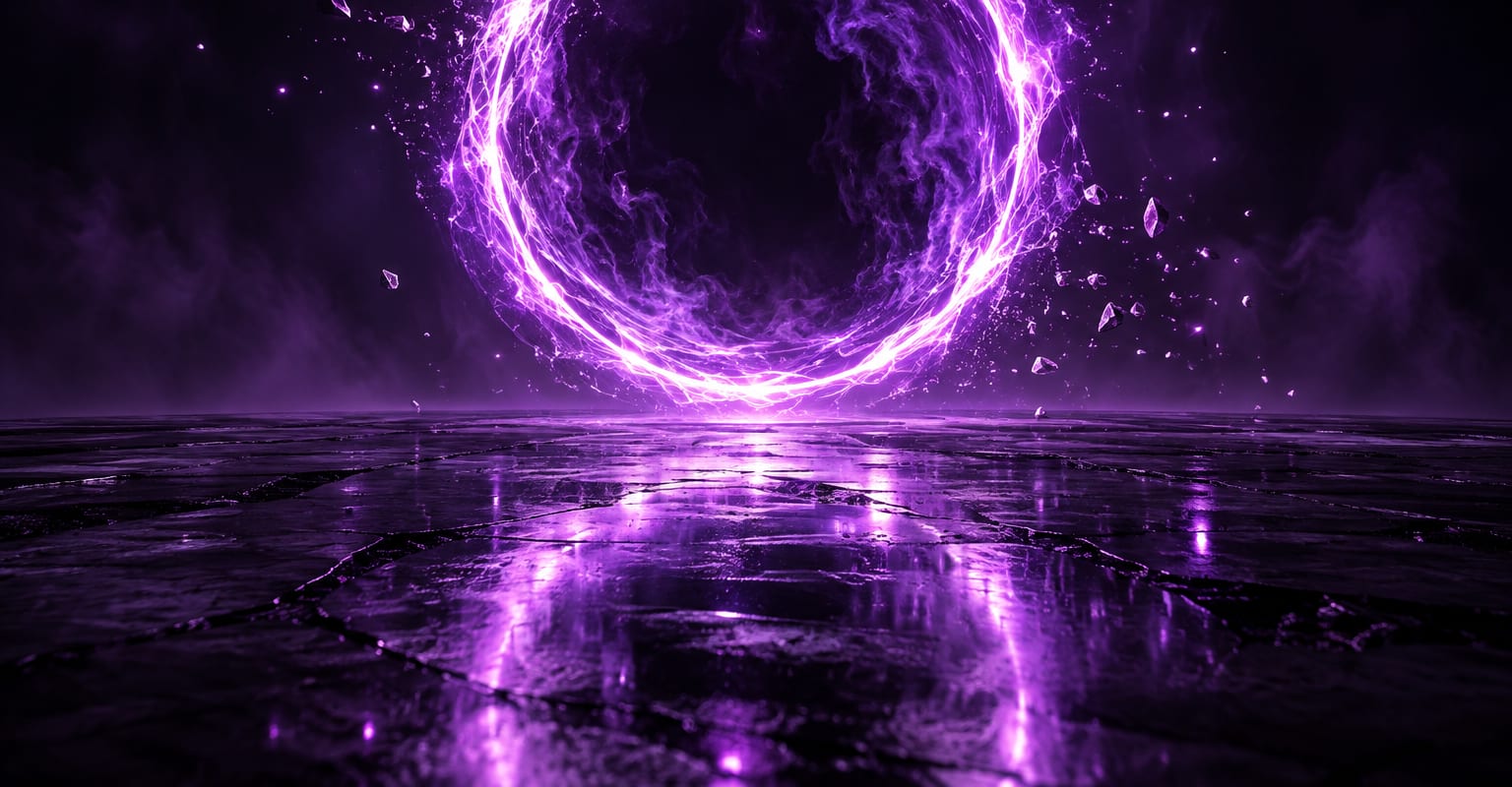 A neon violet portal ring hovering over a dark reflective floor with drifting sparks