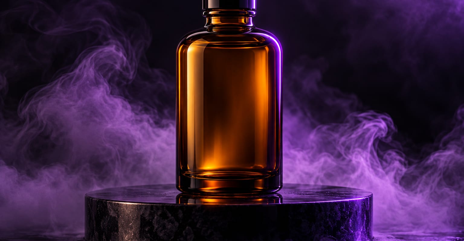 A sleek product bottle on a dark reflective podium with purple rim light and drifting mist