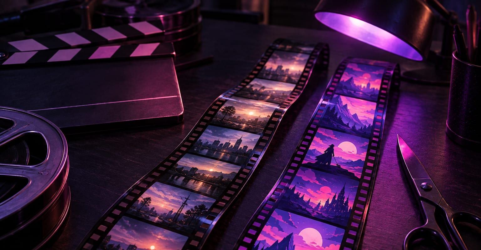 Two film strips and a clapperboard on a dark editing desk under violet light
