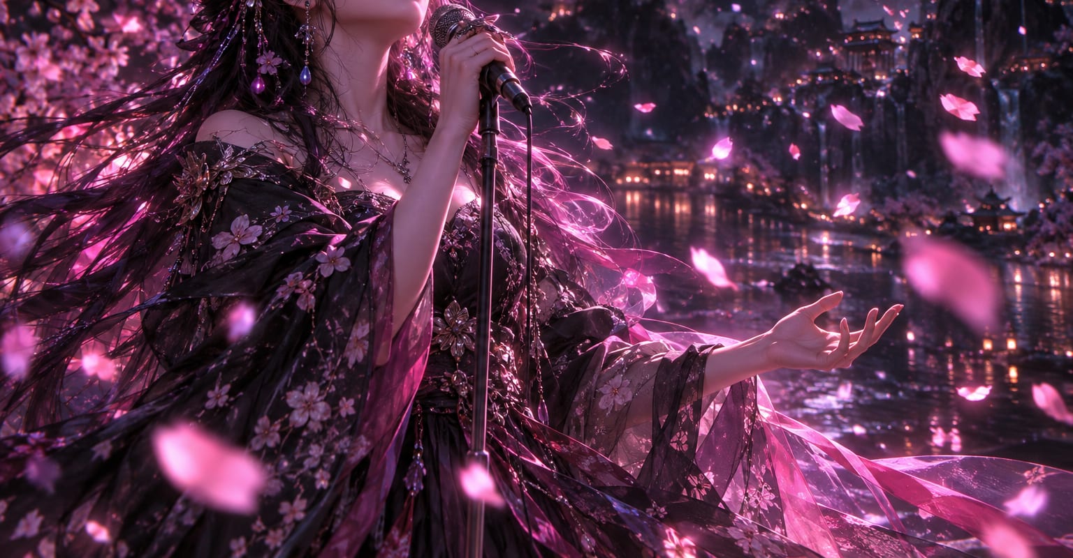 A singer under falling glowing cherry blossom petals at night