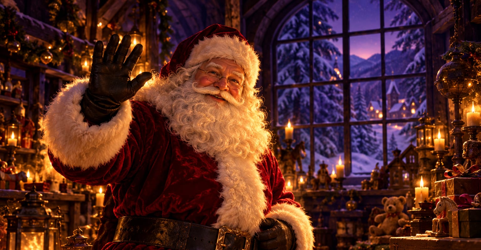 Santa Claus waving in a warmly lit workshop with a glowing Christmas tree behind him