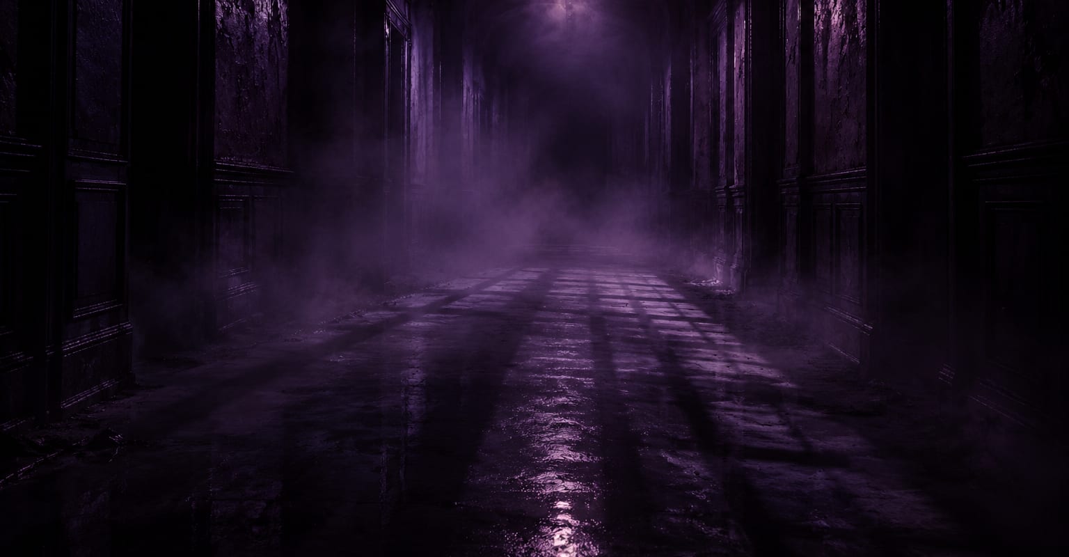 A fog-filled hallway at night with one flickering lamp and deep shadows