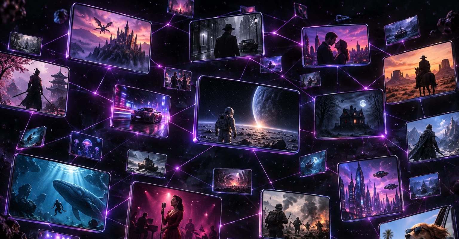 A constellation of floating screens, each showing a different scene genre, linked by violet light