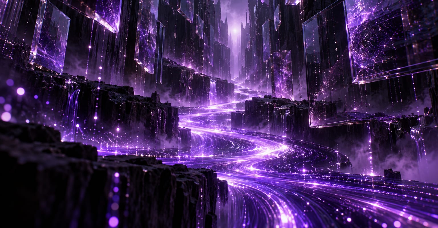 A luminous data river of violet light flowing through a dark canyon of floating glass panels