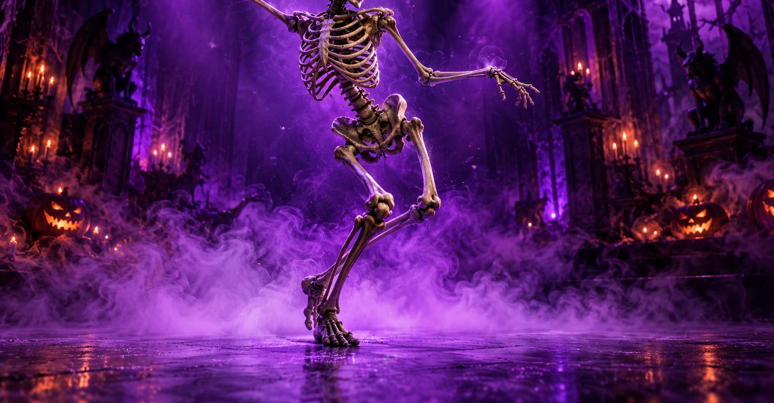A dancing skeleton mid-groove under violet spotlights on a dark stage