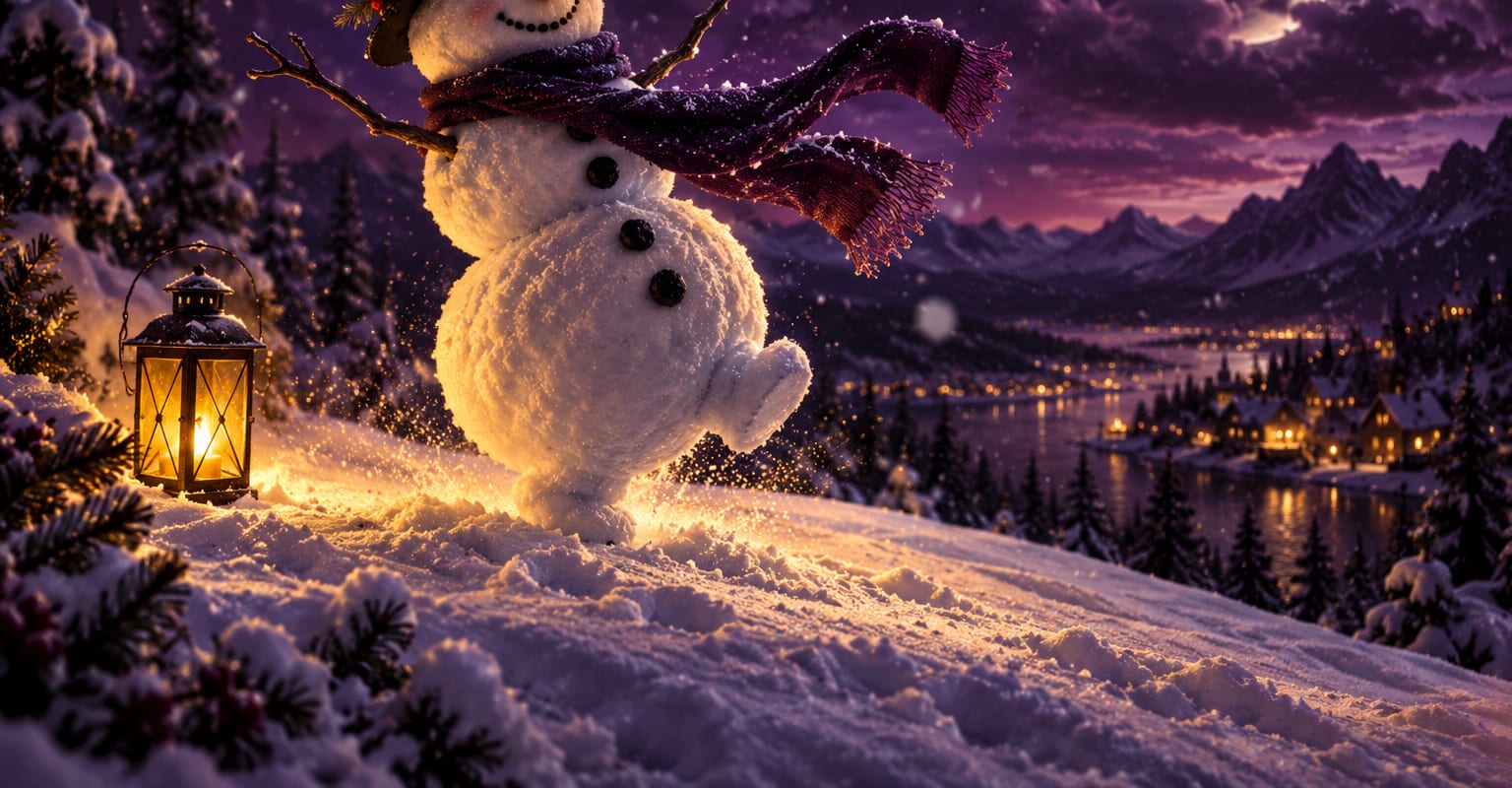 A cheerful snowman dancing on a snowy street at night under falling snow and string lights