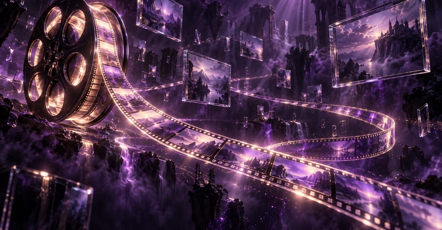 A cinematic studio of glowing screens showing a city, a dancer and a rocket scene in violet light