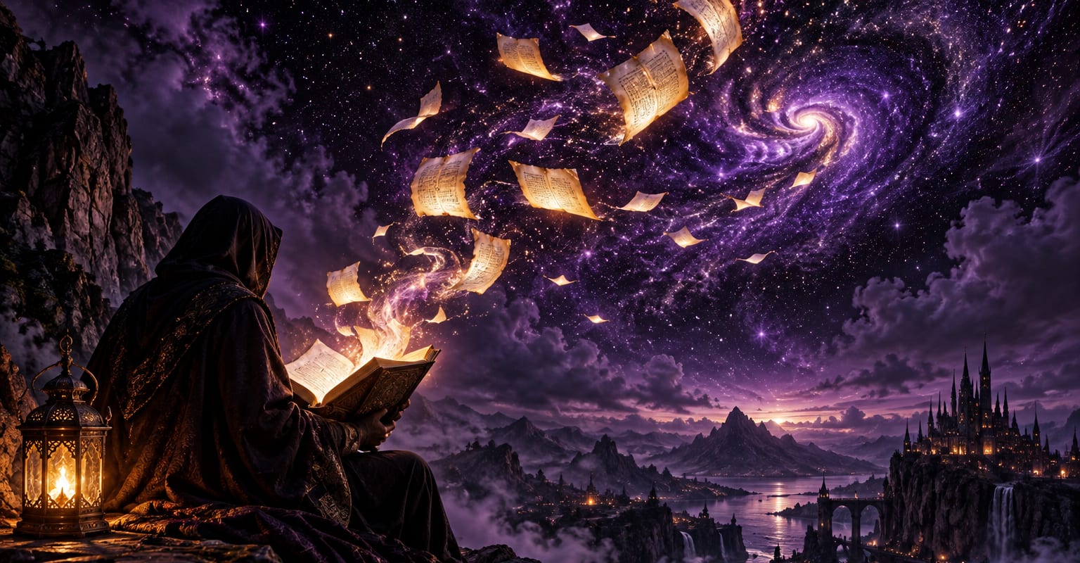 A storyteller silhouette under lantern light as glowing pages swirl into a starry night sky