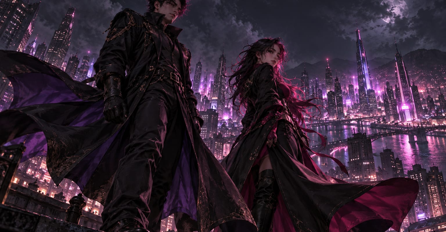 Two caped superheroes talking on a rooftop above a glowing city