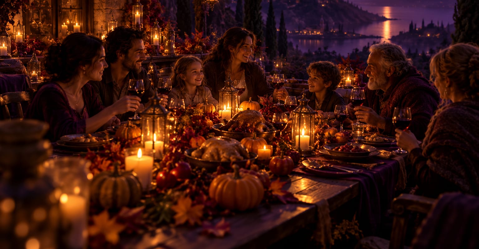 A harvest dinner table with candles, pumpkins and autumn leaves in violet evening light