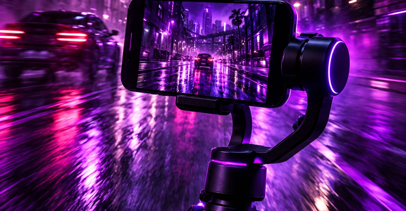 A phone on a gimbal glowing in a neon violet street at night