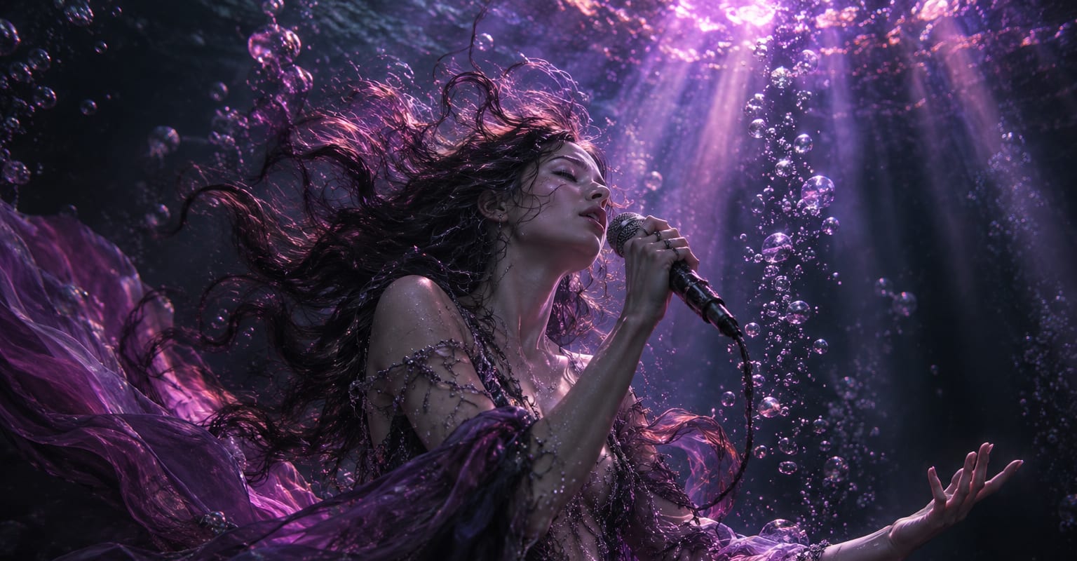 A singer performing underwater with hair floating and violet light shafts