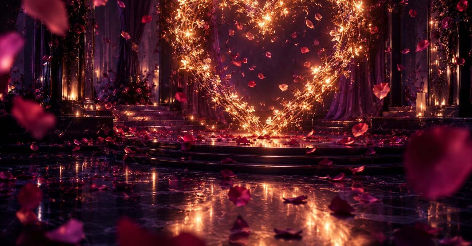 A glowing heart-shaped light installation in a dark violet room with rose petals