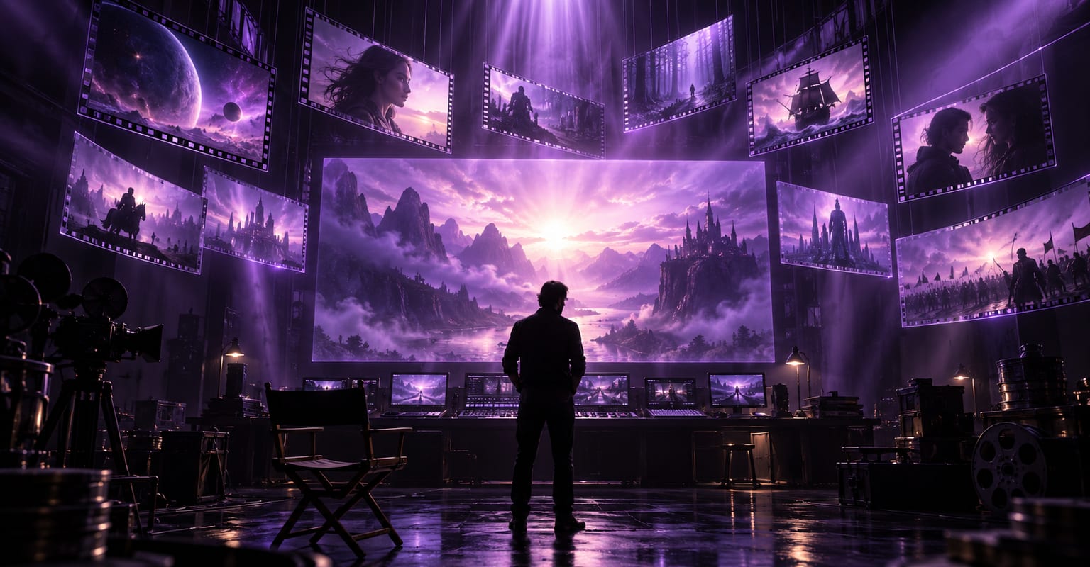 A director silhouette in violet light before a giant glowing screen with floating cinematic frames