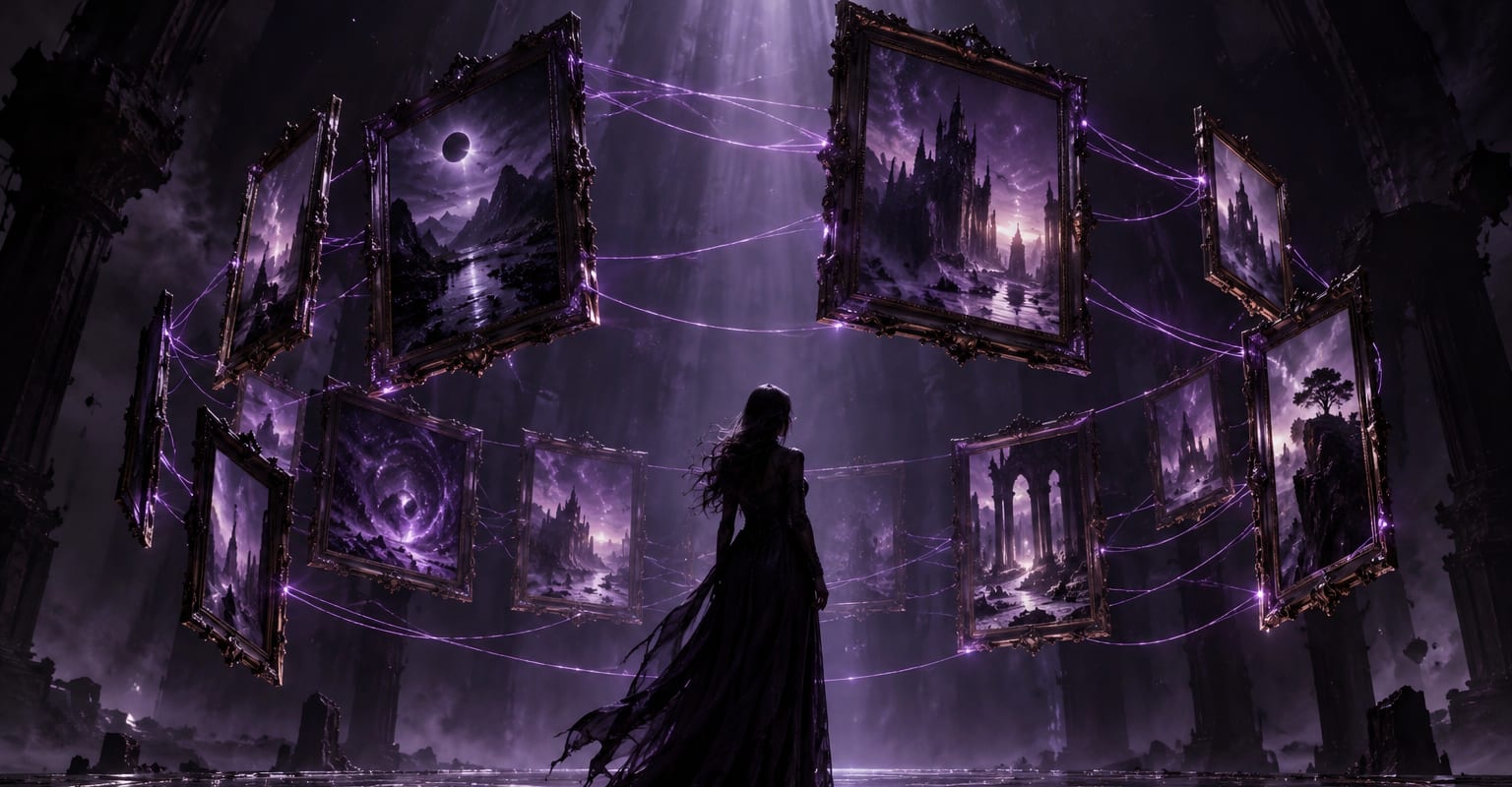 A character silhouette inside a ring of floating reference frames linked by violet light