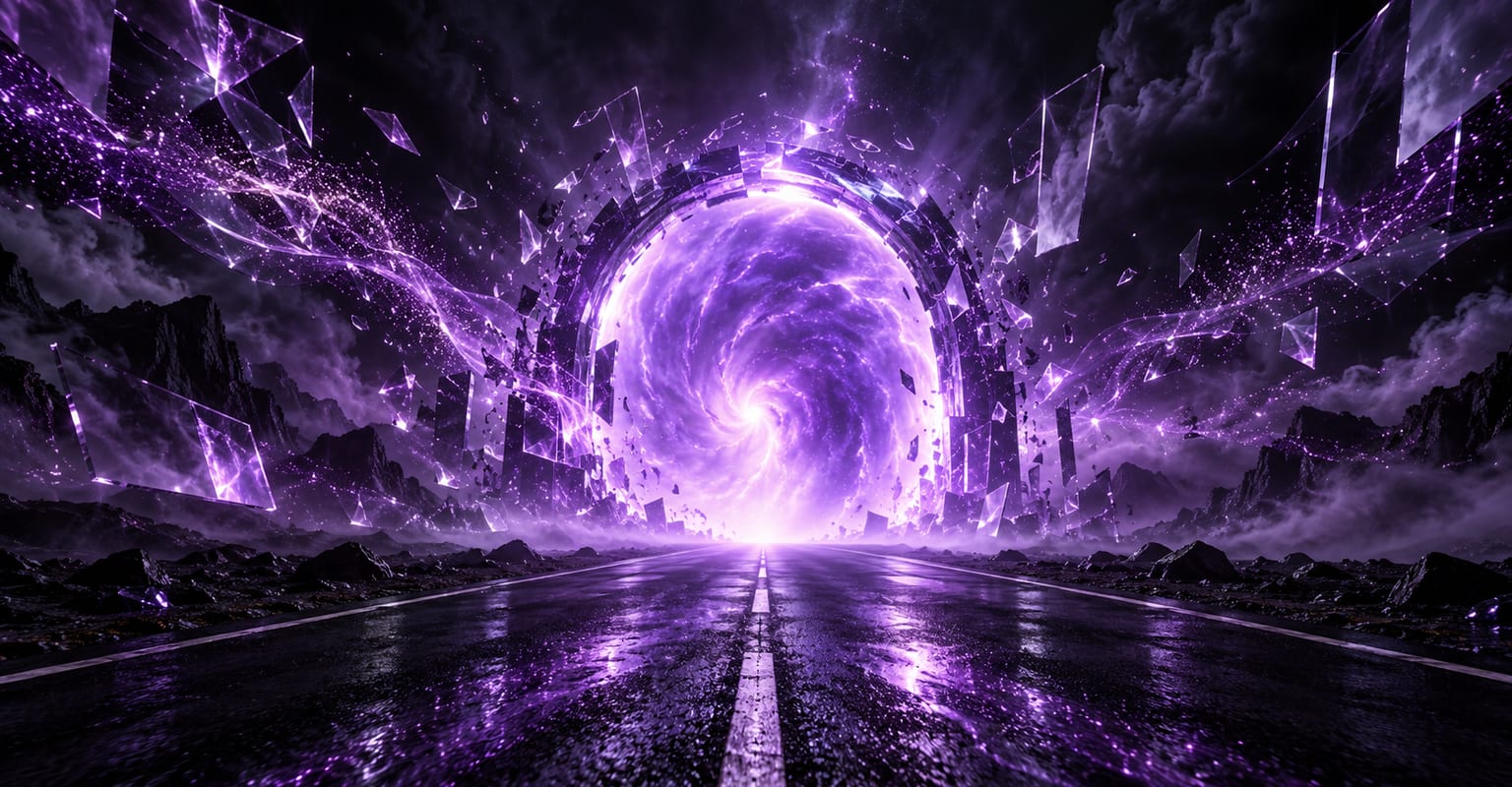 A luminous violet portal at the end of a dark open road with floating glass panels