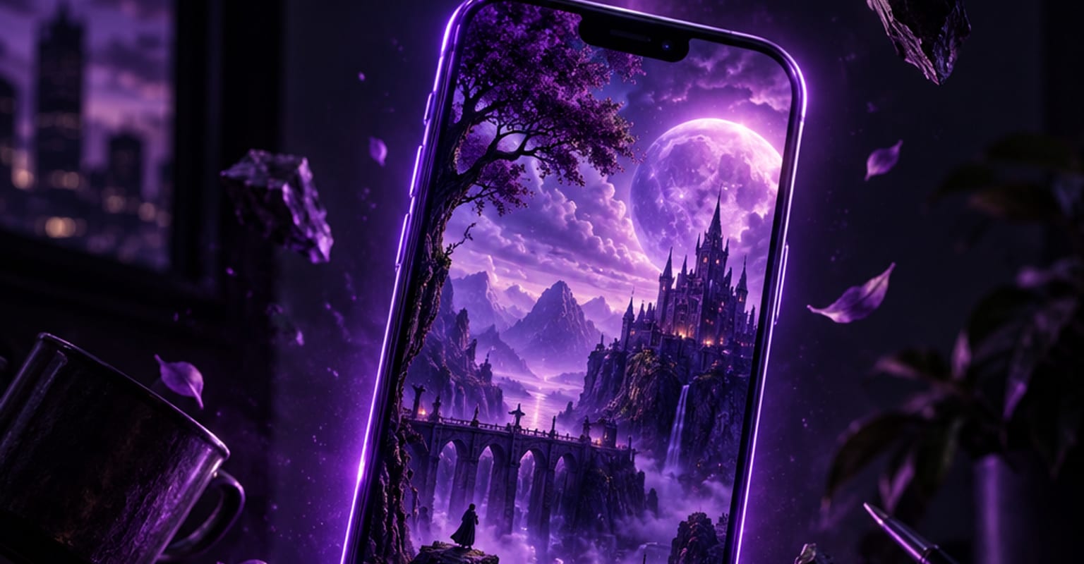 A vertical phone screen glowing in violet light showing a miniature cinematic scene
