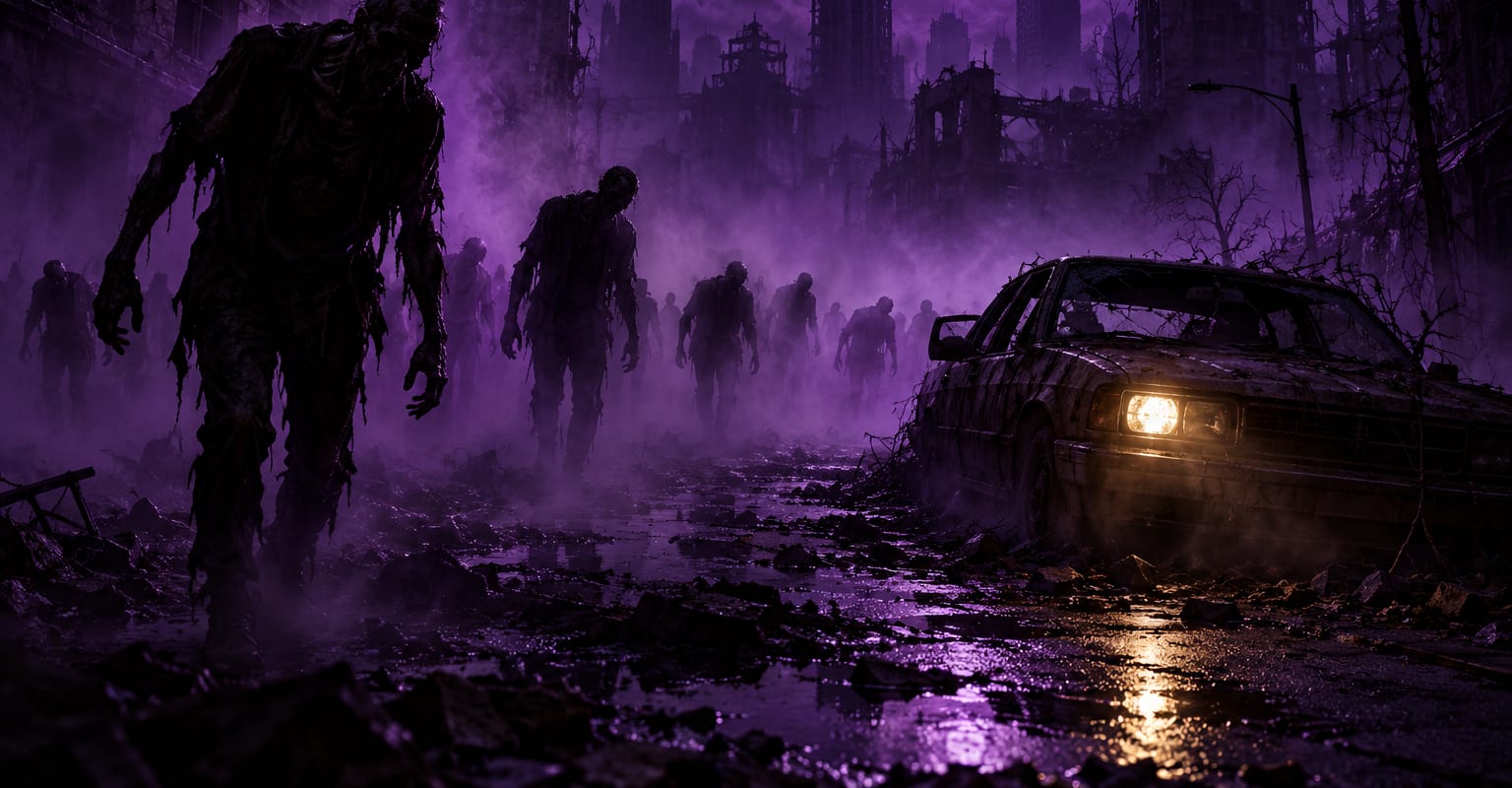 Zombie silhouettes shambling through purple fog on an abandoned city street